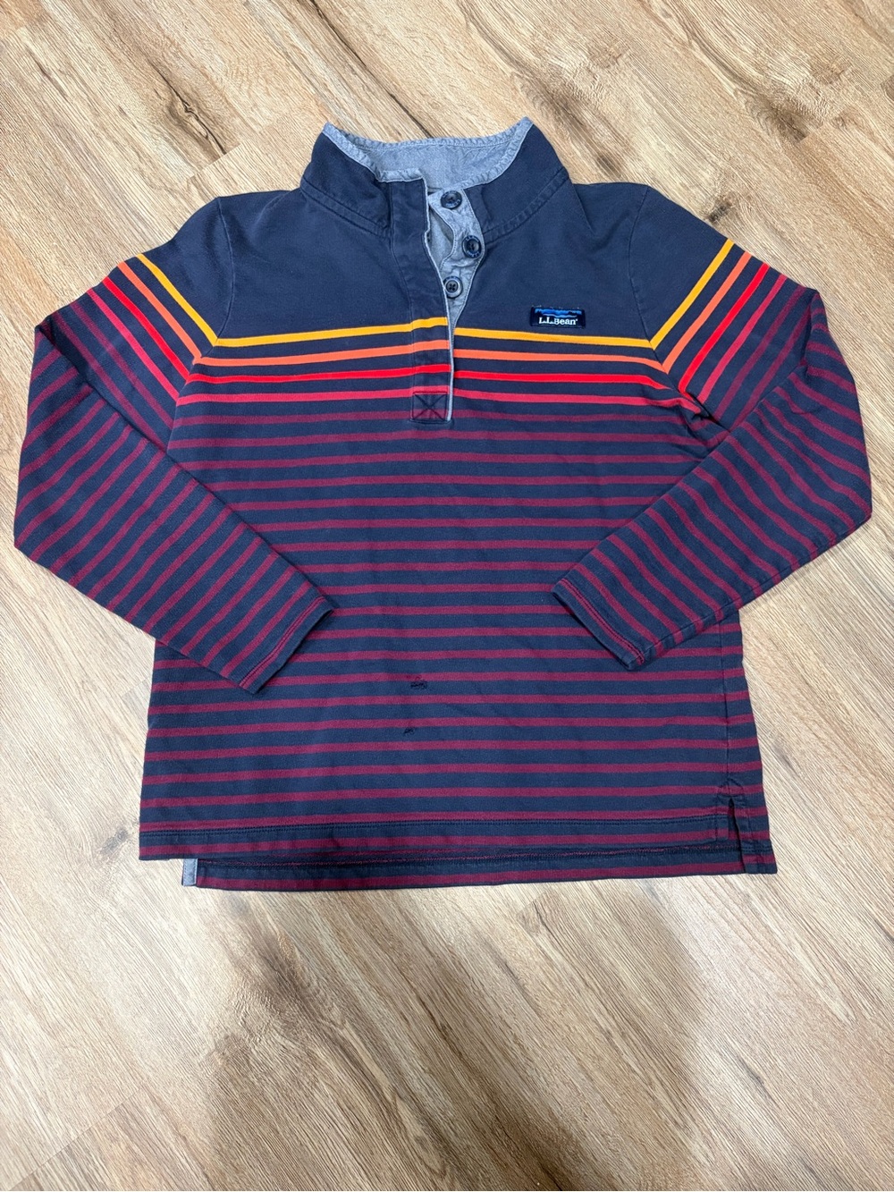 L.L. Bean Navy Long-Sleeve Henley with Red & Yellow Stripes